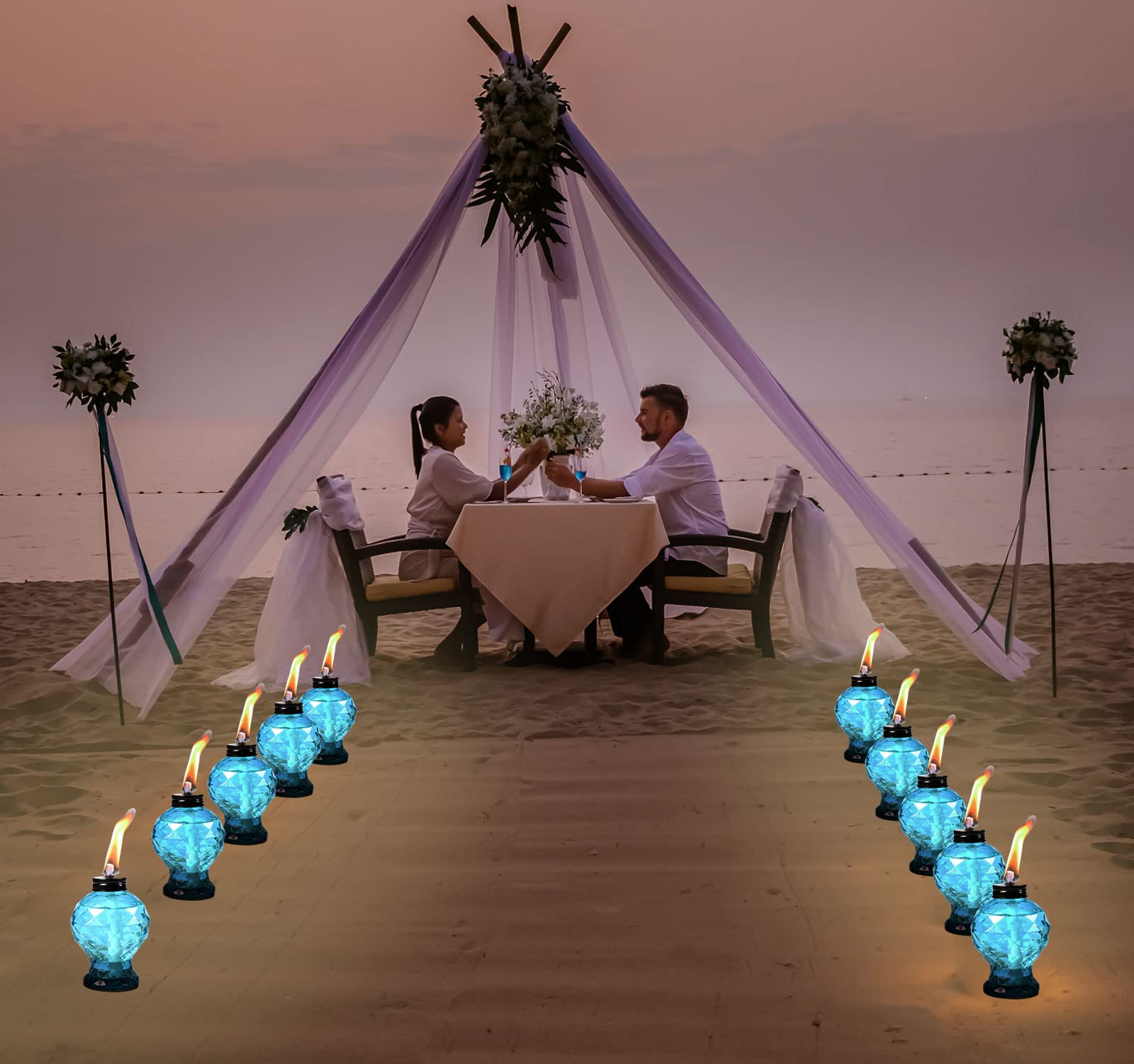 4 Stück Glas-Citronella-Fackeln – Rot, Lila, Blau, Schwarz | Für Terrasse, Garten, Camping, Mit Kristall-Textur
