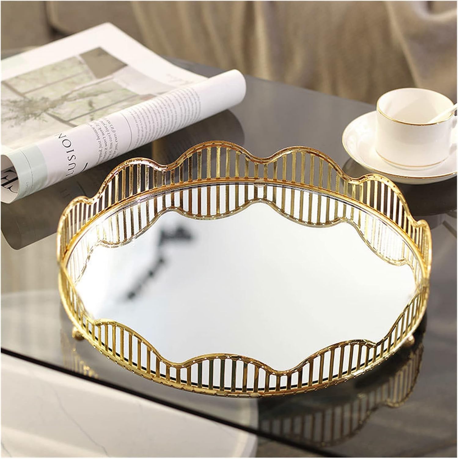 FMURY Light Metal Round Tray Living Room Home Glass Tea Tray Tea Cup Tea Table Storage Decoration