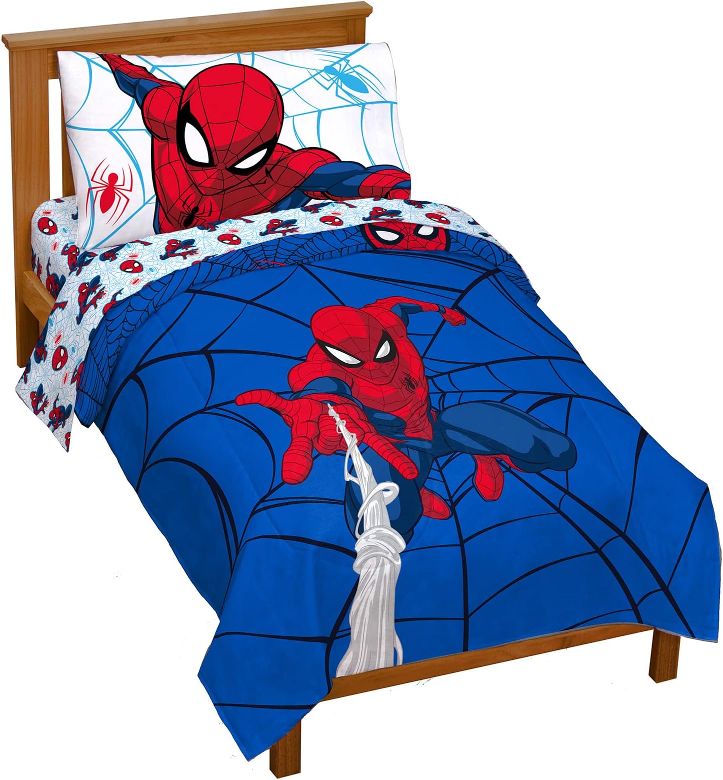 Jay Franco Marvel Spiderman Webtastic 4 Piece Toddler Size Bed Set – Super Soft Microfiber Bed Set Includes Toddler Size Reversible Comforter & Sheet Set Bedding (Official Marvel Product)