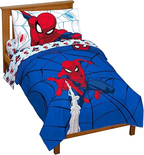 Jay Franco Marvel Spiderman Webtastic - Juego de cama de 4 piezas para niños pequeños juego de cama de microfibra súper suave que incluye edredón