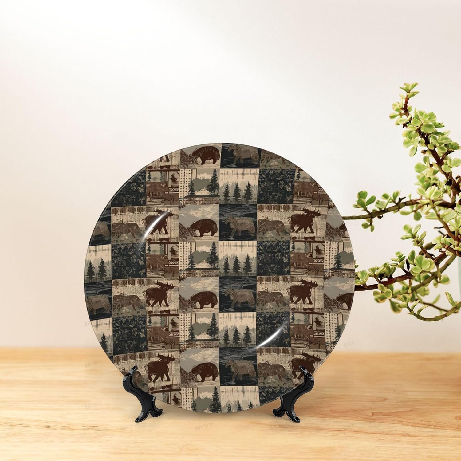 Decorative Plate 10in Bone China Dessert Plates with Display Stand Ceramic Ornament Ceramic Rustic Lodge Bear Moose Decorative Plates Art Crafts Porcelain Plate for Home Club Living Room