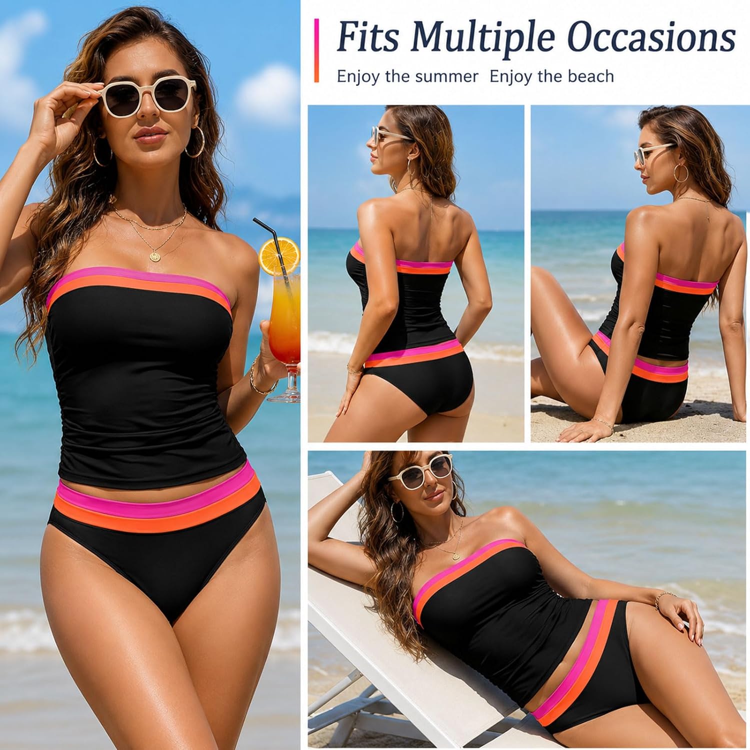 Strapless Tankini Swimsuits for Women - Two-Piece Pleated Tummy-Control Bandeau Tankini Tops with Bottoms (US, Alpha, Medium, Regular, Long, Black Pink Color Block)