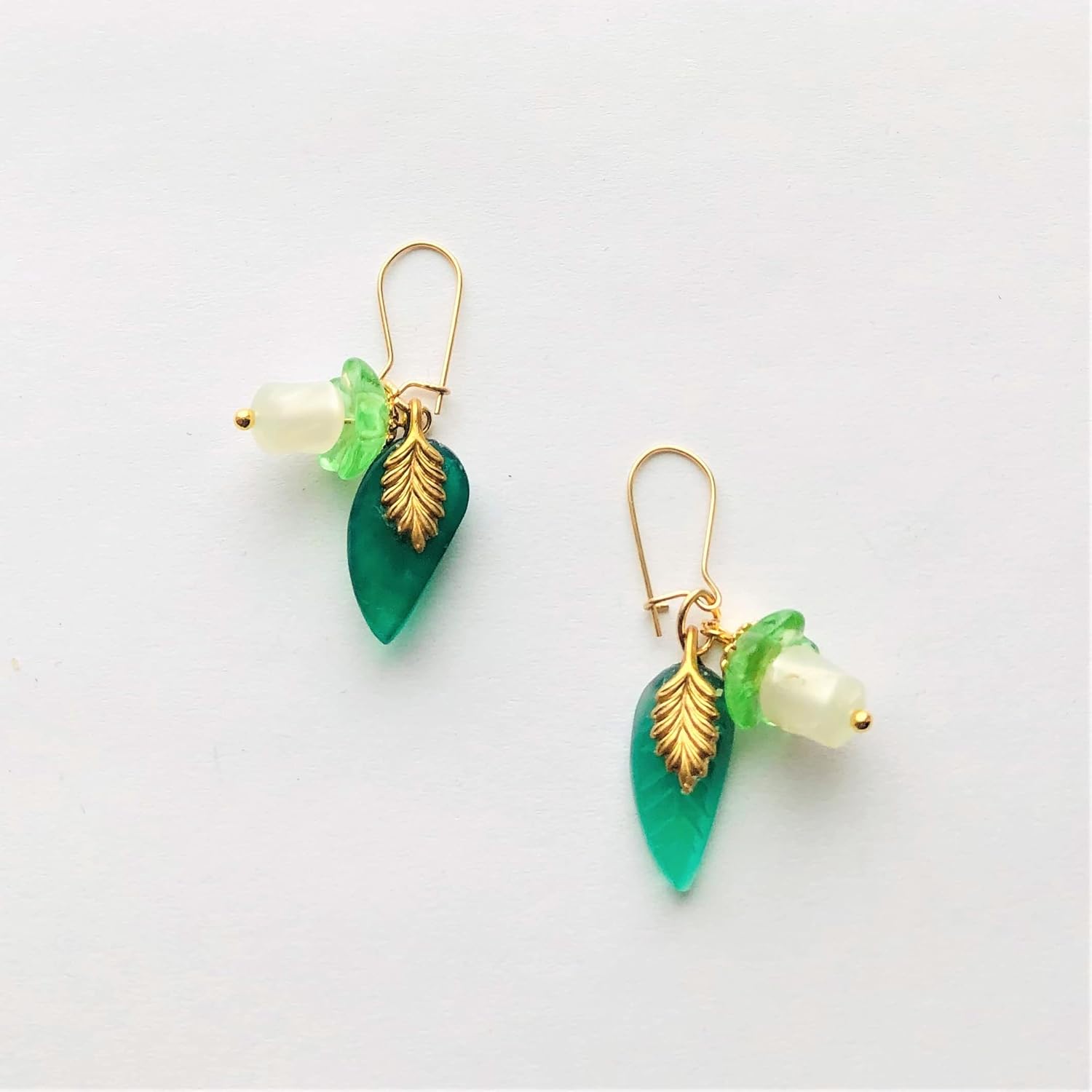White Lucite Flower Tiny Floral Earrings Gold Filled Kidney Earwire Emerald Green Onyx Leaves Spring Summer Gift - Image 2