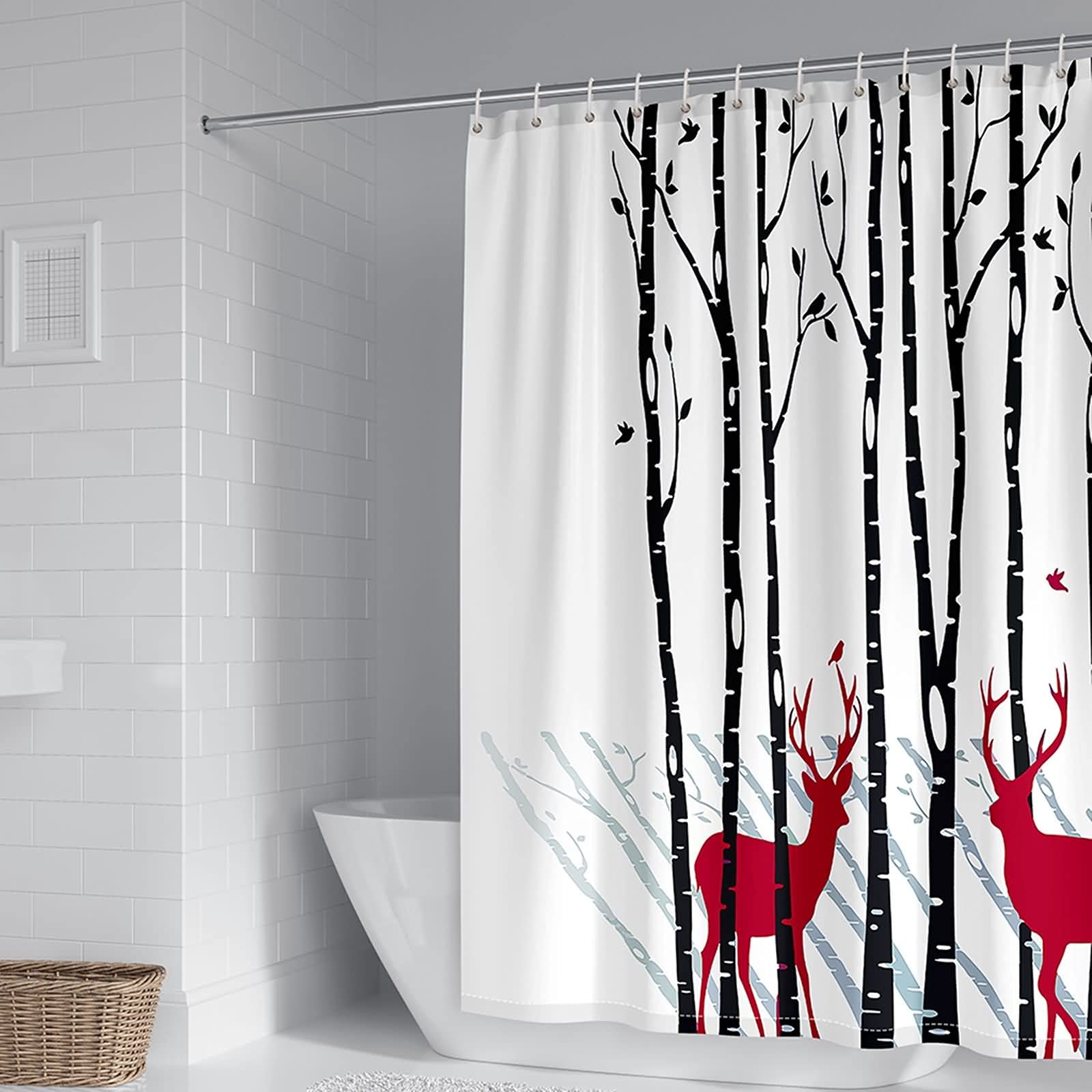 Rideau de douche 180x180cm cerfs arbres noir rouge polyester anti moisissure crochets
