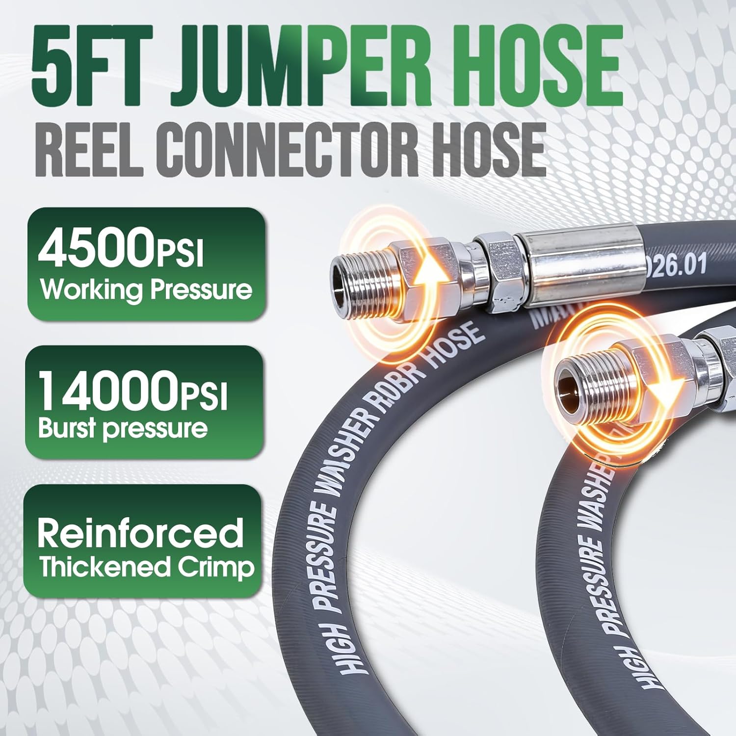 5FT Pressure Washer Jumper Hose for Reel Connection, Dual 3/8" Male NPT Swivel Fittings, 4500 PSI Working, Reinforced Crimp Whip/Leader Hose for Pump, Reel & Plumbing Setup