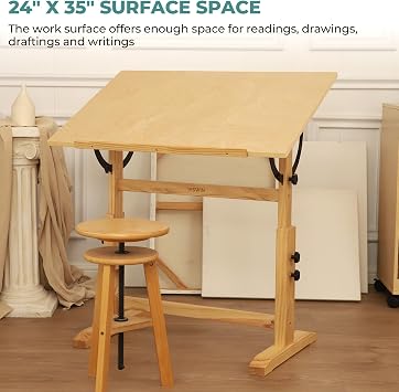 Wood Drafting Table for Adults, 24'' x 35 Drawing Table with Adjustable Height & Angle for Art Studio, Solid Pine Wood Artist Desk for Drawing, Drafting, Writing, Reading, Sketching