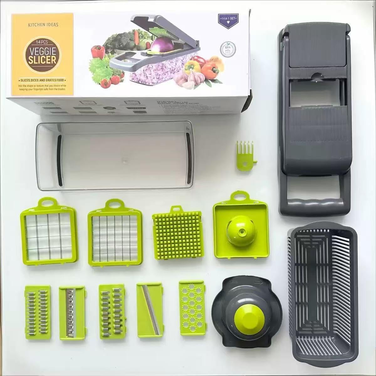 12-in-1 Vegetable Chopper, Multifunctional Onion Dicer & Veggie Slicer with 8 Blades, Food Cutter with Container for Kitchen, Kitchen Gadgets for Potato, Tomato, Garlic
