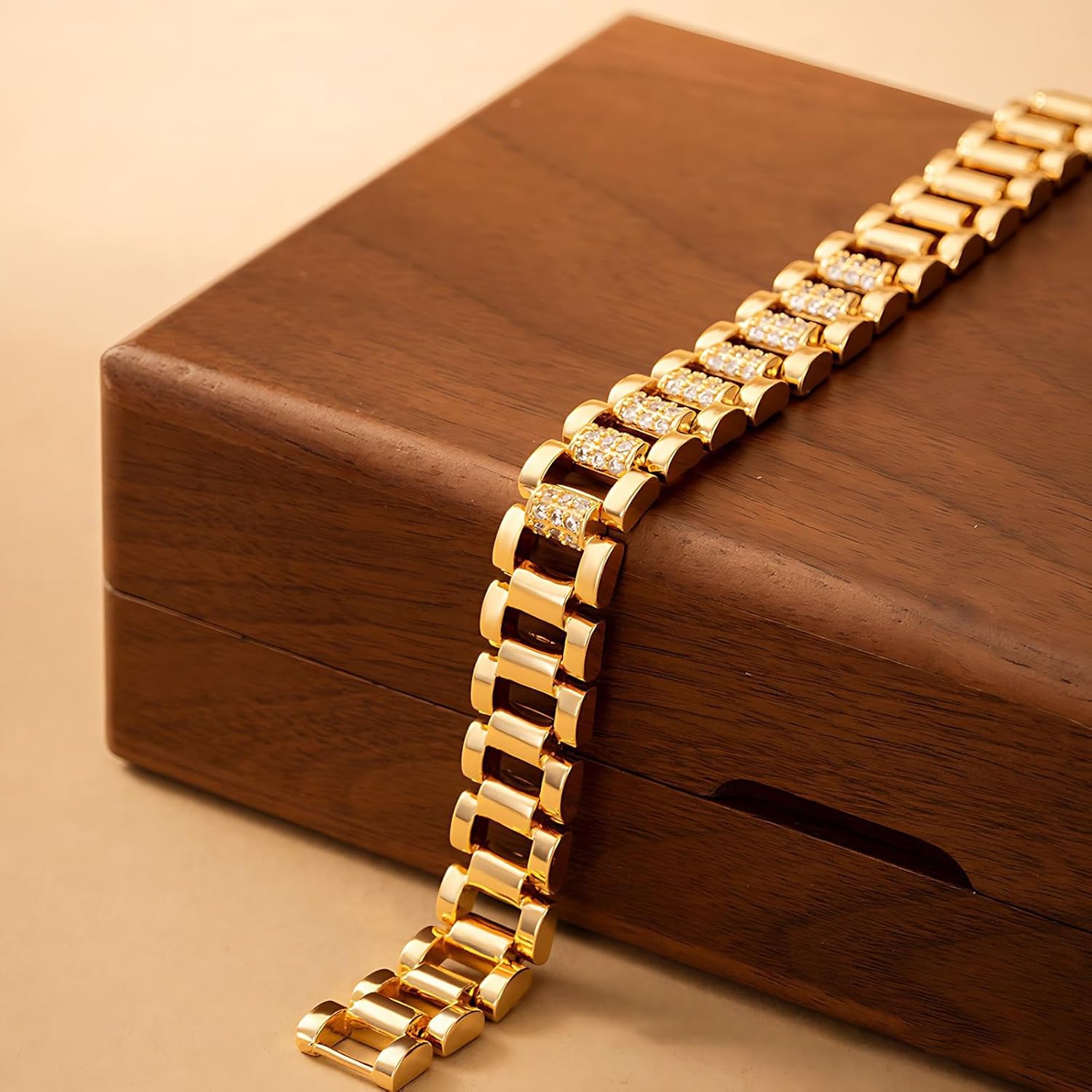 Gold Plated Bracelet with Cubic Zirconia, Geometric Link Chain Jewelry for Women - Image 3