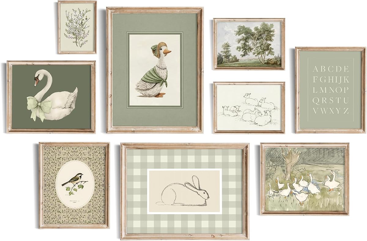 Sage Green Nursery Wall Art Prints, Vintage Baby Girl Nursery Wall Decor, Cute Kids Room Decor Swan Bunny Duck Brid Landscape Canvas Painting, Antique Green Nursery Poster for Kids Bedroom, Nursery Room Decor- Unframed