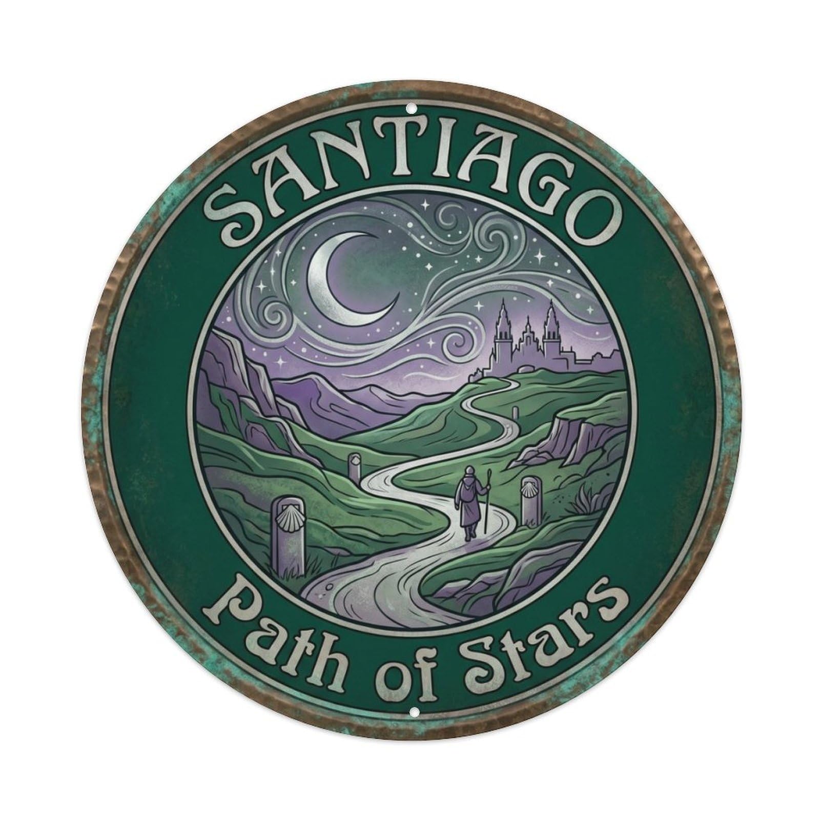 Fqcyn Style Vintage Travel Santiago Camino Pilgrimage Metal Tin Sign Plaque Wall Decor For Cafe, Club Bar, Office, Home Garden Round Metal Poster 8X8inch