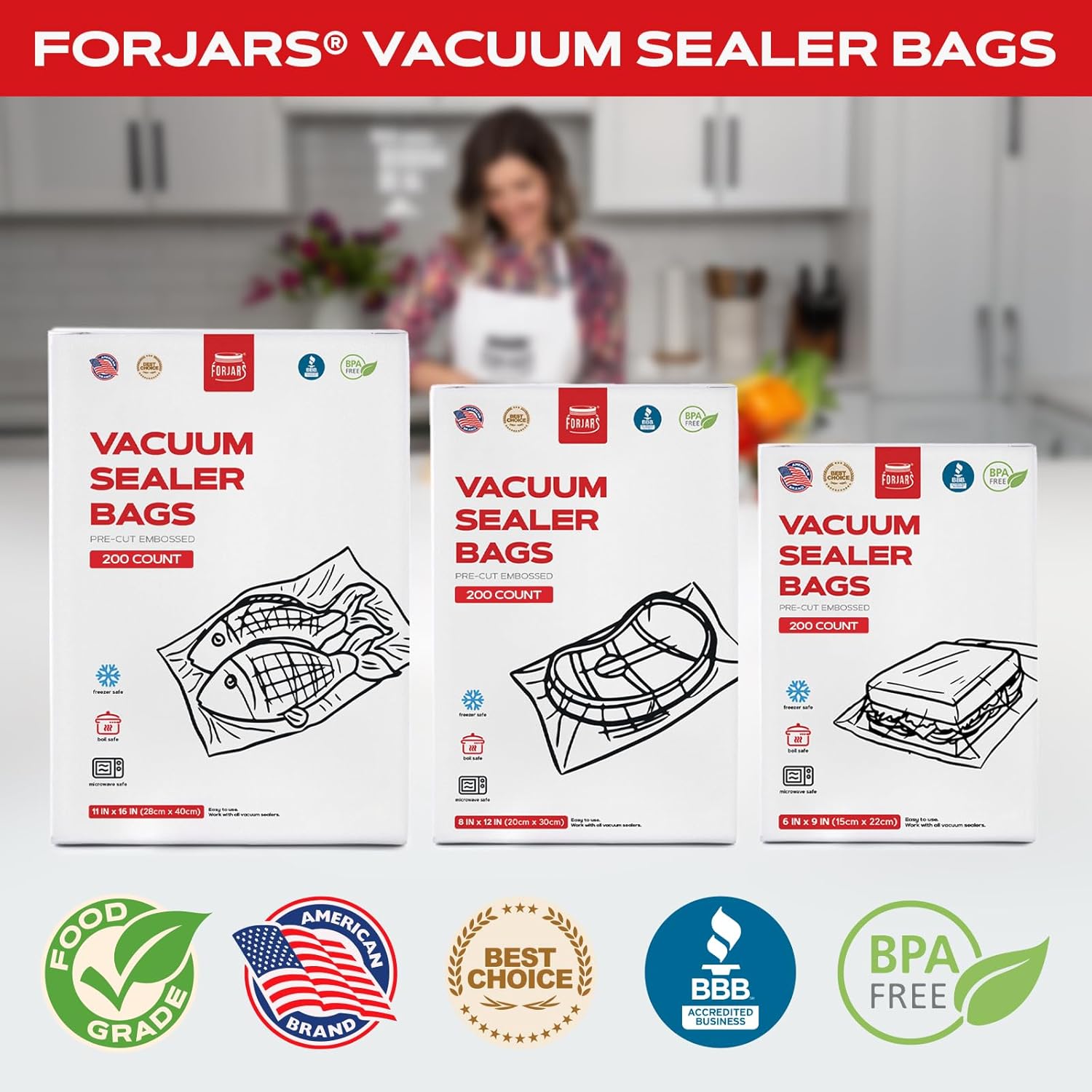 ForJars Vacuum Sealer Bags For Food Storage - Method Sous Vide Cooking - Pack of 200 count Pre-Cut Size Bags, Perfect for Food Storage - Ideal for Home & Commercial Use, 7.5 Mil Thickness(8x12/200pcs)