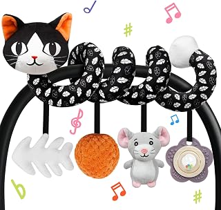 TSYAN Car Seat Toys for Babies 0-6 Months,Hanging Rattle Toys for Crib Mobile, Baby Spiral Hanging Stroller Black and White High Contrast Toys for Newborn 0 3 6 9 12 Months Baby Boys Girls (Cat)