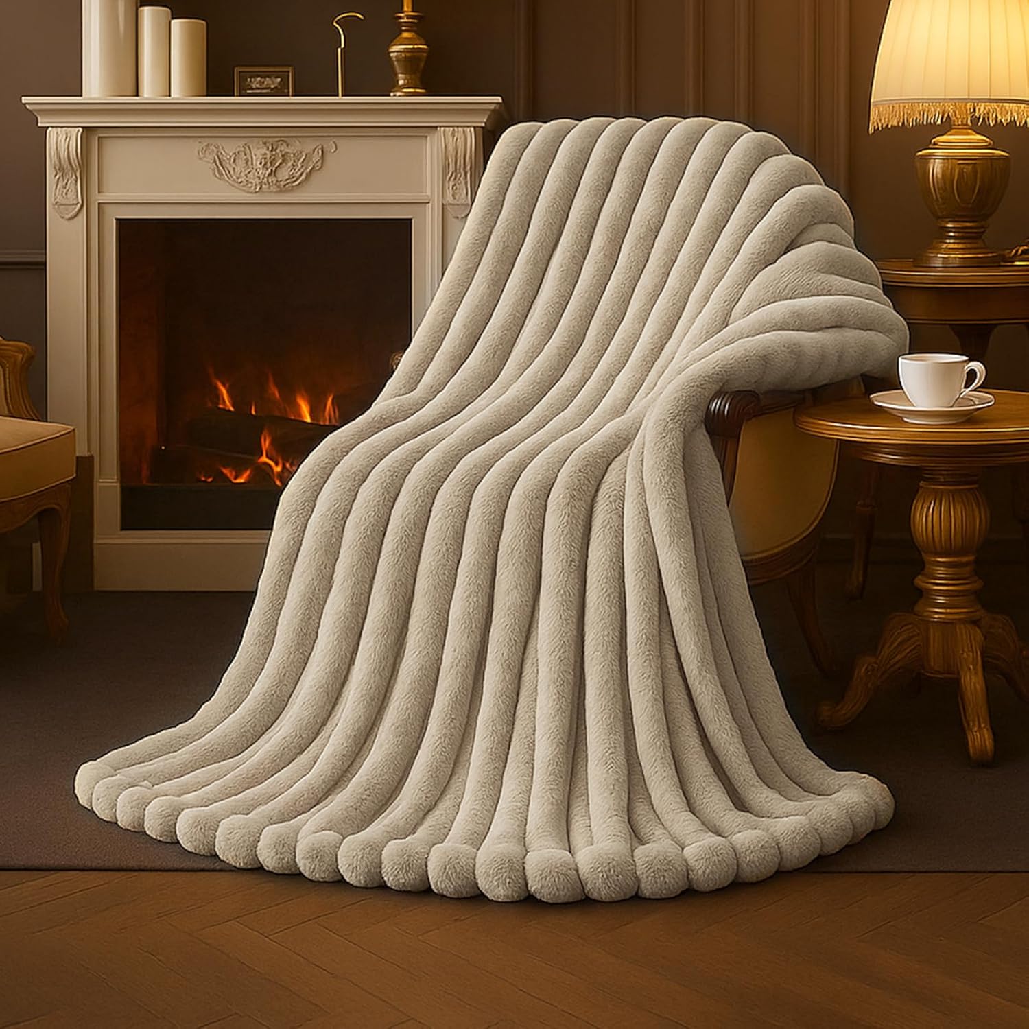 Amélie Home Faux Fur Throw Blanket for Couch, Cozy Fuzzy Fluffy Fur Luxurious Soft Striped Plush Gift Blankets for Family Sofa Chair Bedroom, 55"x70", Beige