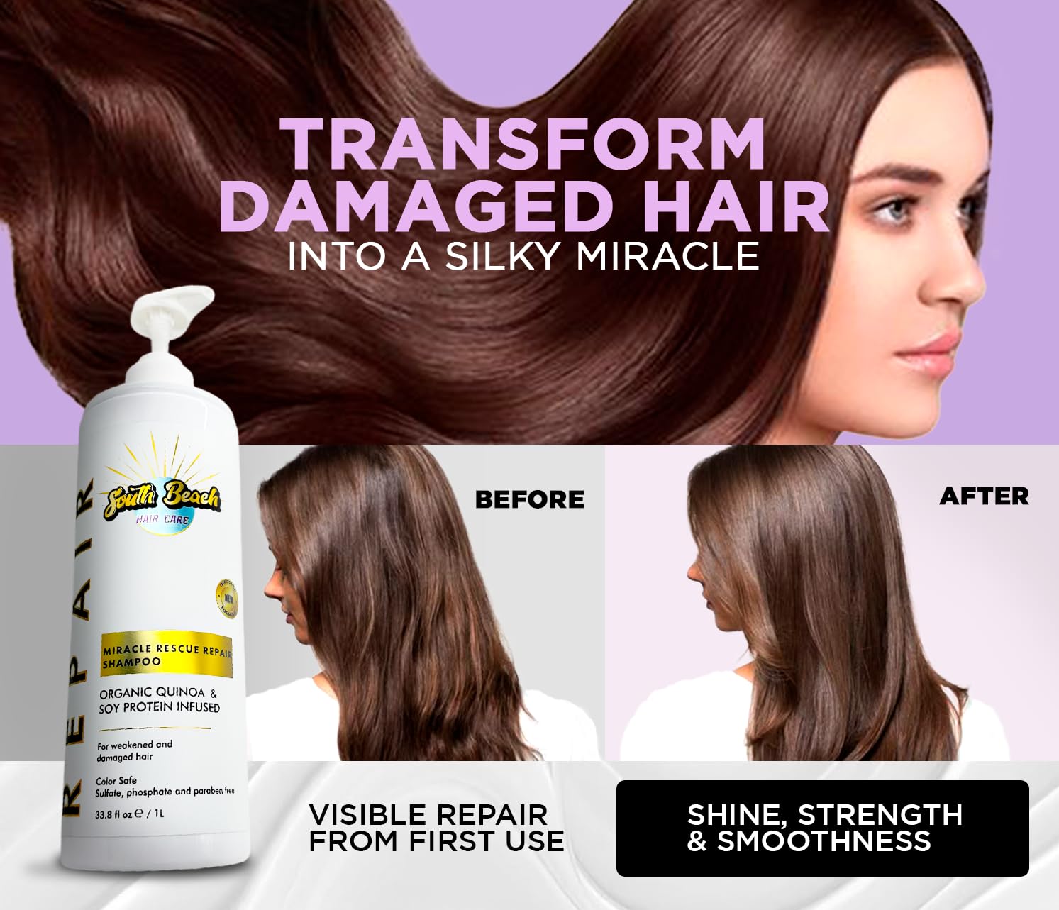 Miracle Repair Shampoo 1L – With quinoa and soy protein – Sulfate-free, vegan shampoo for damaged, colored or processed hair – Professional formula.