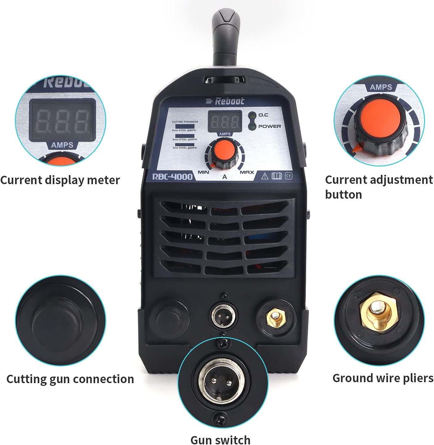 Front panel of the Reboot RBC-4000 Plasma Cutter with labeled components