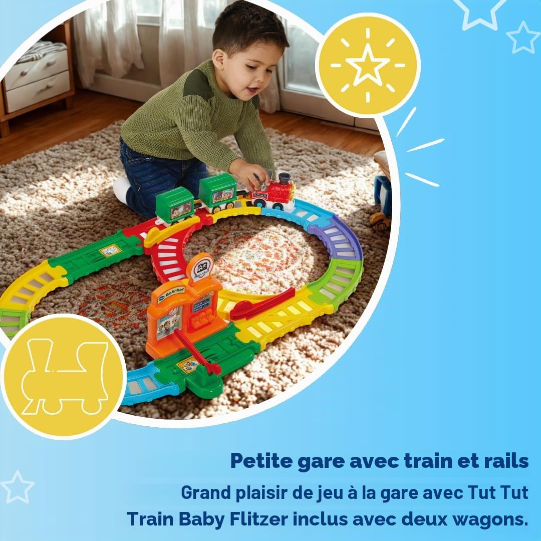 VTech TUT TUT Baby Flitzer Petite Gare – Kit de Jeu interactif avec Train, barrière, capteurs Doux et Magiques pour Les Tout-Petits – Musique, Sons et Plaisir d'apprentissage