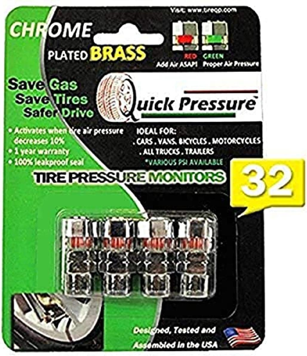 Quick PressureTire Pressure Monitoring Valve Caps Sensor Gauge - Advanced Detection System, 32 PSI Sensing Air Alert Indicator for Cars, Trailers, Bikes - Chrome-Plated, Pack of 4