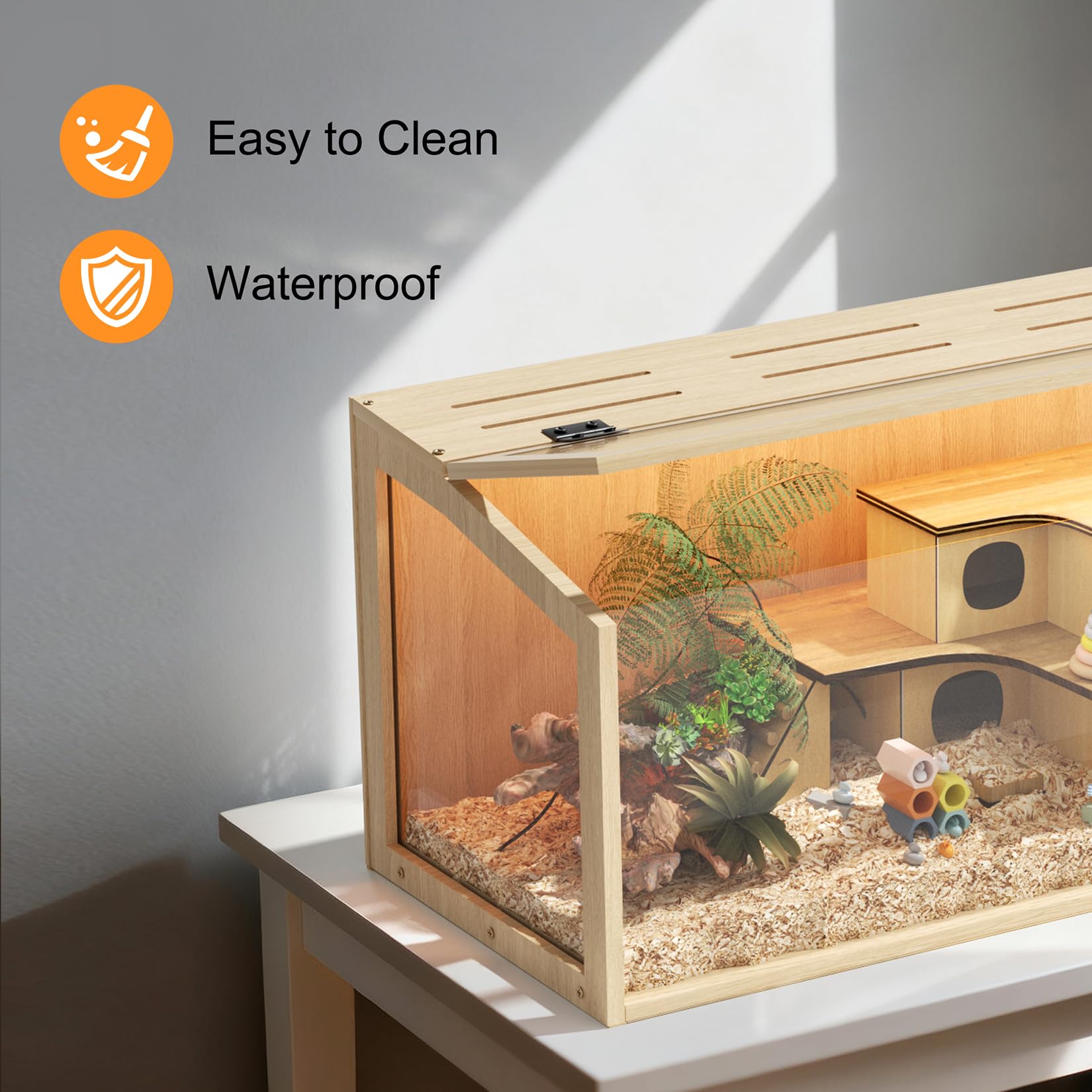 BingoPaw Gabbia per Criceti 60x40x40cm: Legno e Vetro temperato Trasparente con Luce, Gabbia Roditori Piccoli Animali Domestici, Solo Casetta Nessun Giocattolo Interno o Accessorio