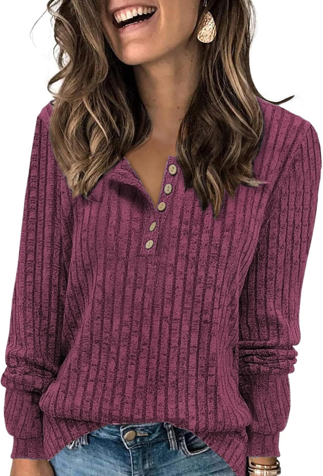 Tanmolo Damen Leichte Strickpullover Langarm Henley Shirt Herbst lässig Rundhals-Knöpfe Elegant Sweatshirt Tunika Tops