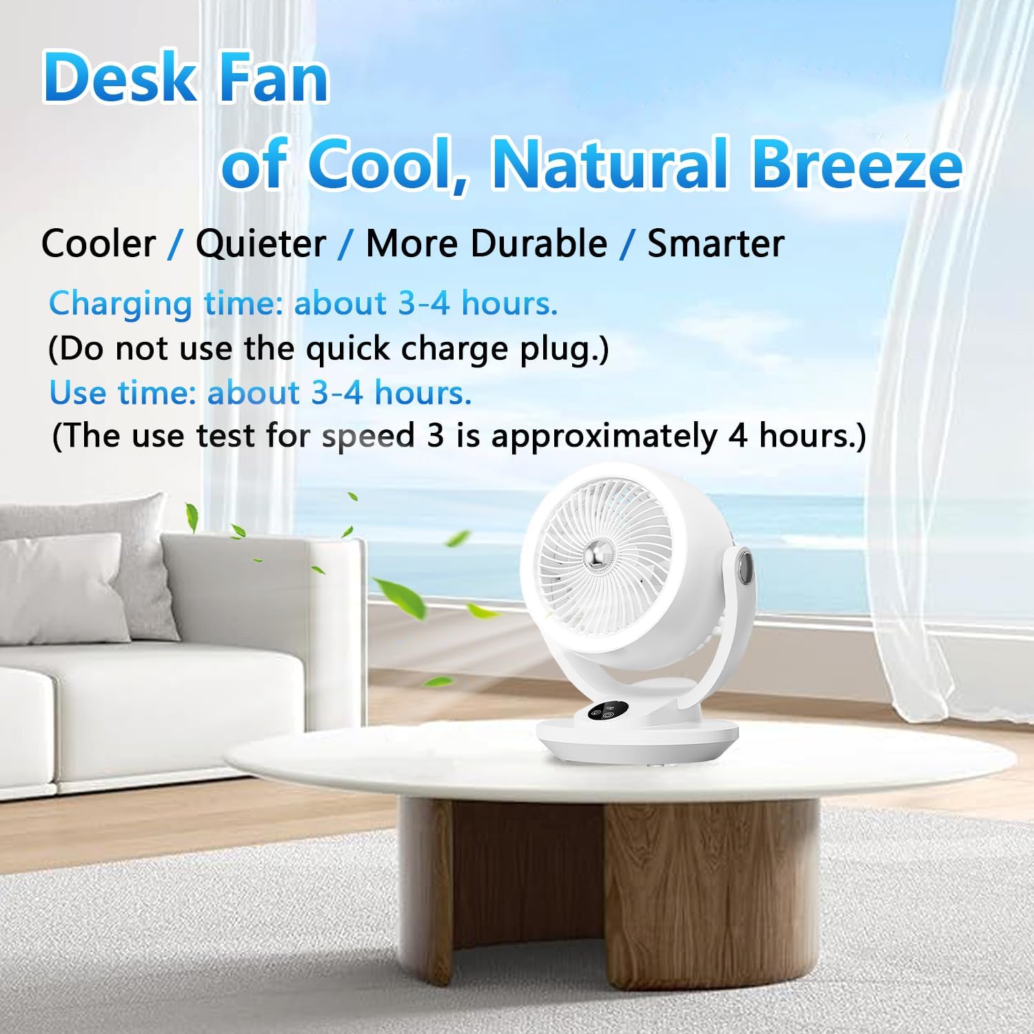 SEASAND Desk Fan, Air Circulator Fans, 5 Speeds Desk Fan 2000mAh Rechargeable Battery with Night Light & USB Rechargeable, 180° Adjustable Tilt Table Fan for Home, Office, Bedroom, White