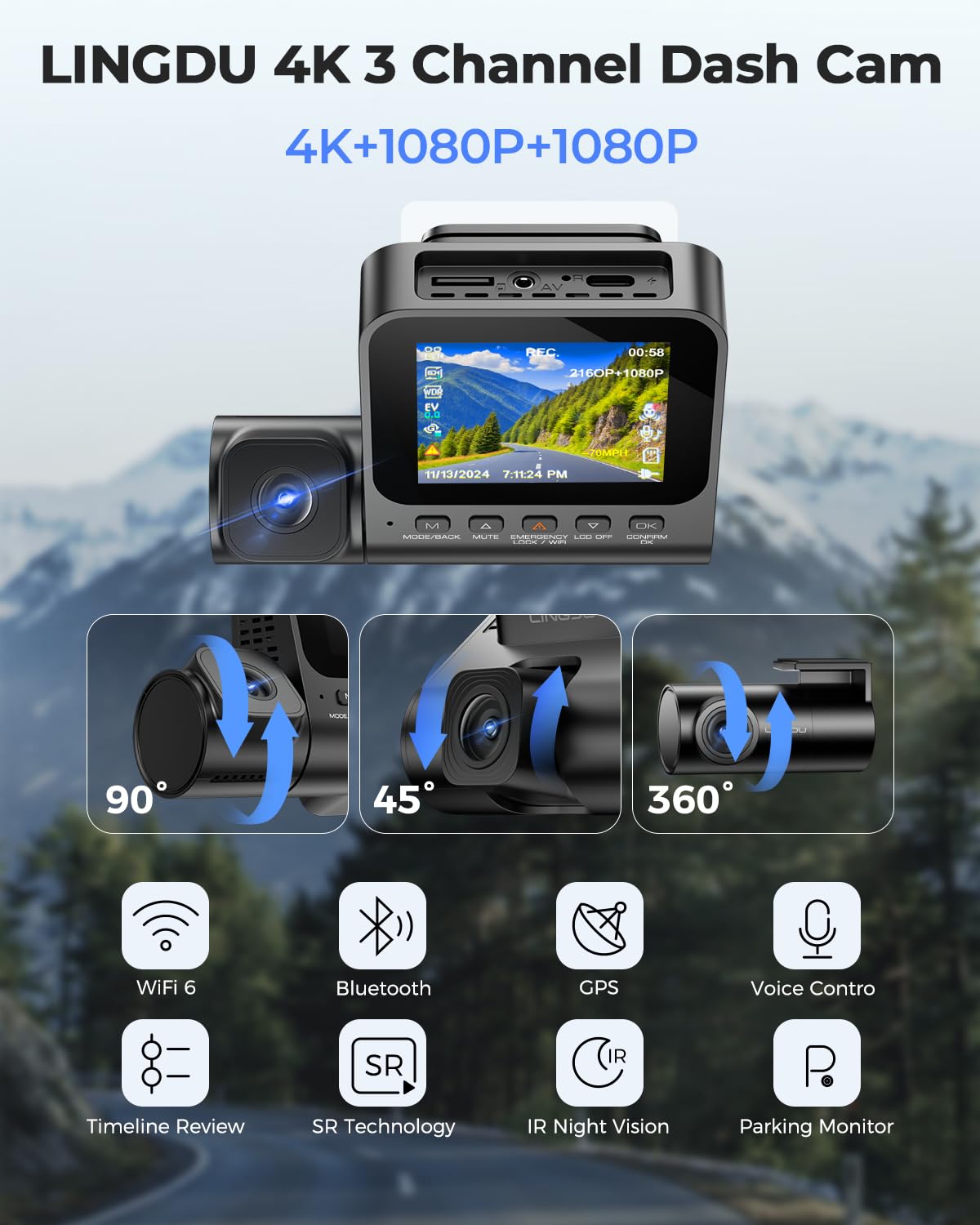 Dash Cam Auto 4K+1080P+1080P 3 Canali Dash Cam Anteriore Posteriore Interno con Scheda SD da 64GB,WiFi GPS Videocamera Auto con Visione Notturna IR,Comando Vocale,Monitoraggio Parcheggio