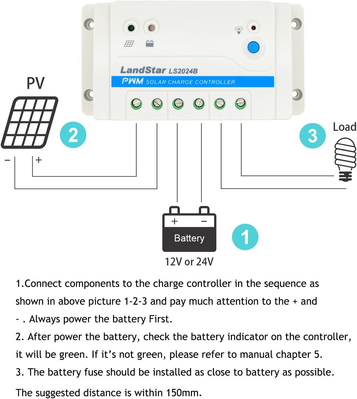 Wiring diagram for EPEVER LS2024B Solar Charge Controller