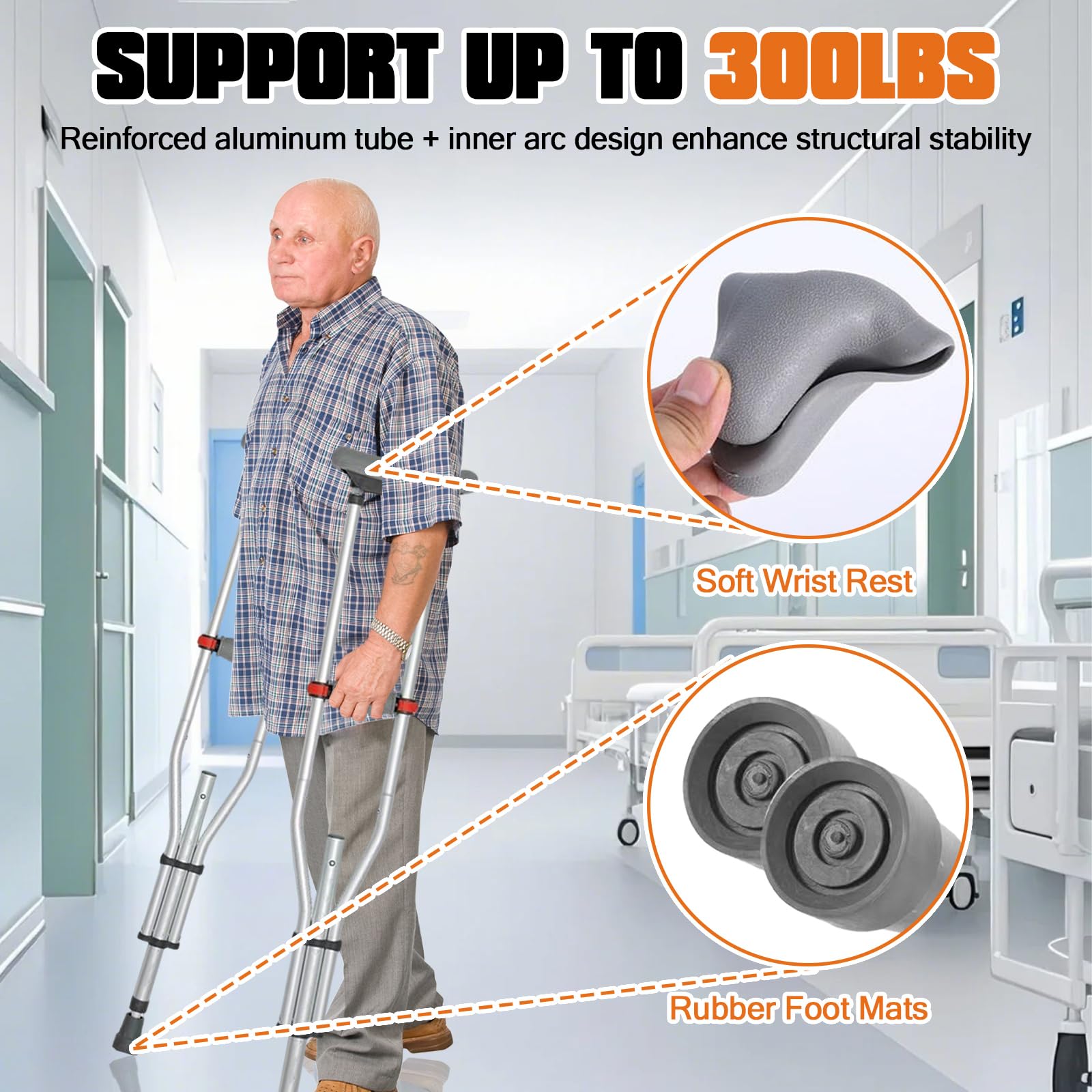 Support pour aisselles, réglable en hauteur sur 13 niveaux, charge maximale : 150 kg, hauteur réglable, en aluminium, avec coussinets souples, béquilles médicales, hauteur applicable : 135 à 195 cm