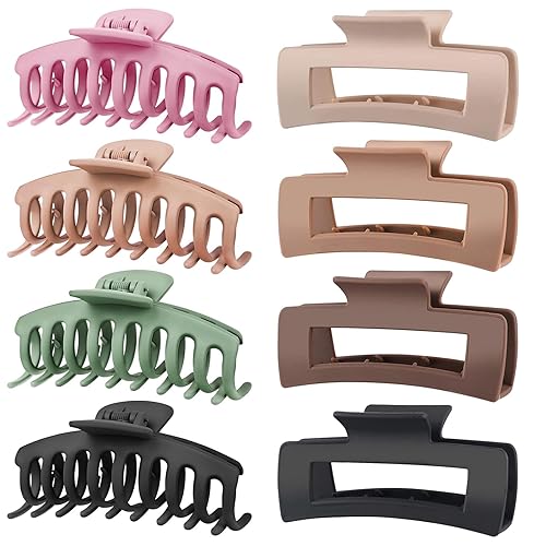 TOCESS 8 Pack Big Hair Claw Clips for Women Large Claw Clip for Thin Thick Curly Hair 90's Strong Hold 4.33 Inch Nonslip Matte Jumbo Hair Clips (8 Pcs) - Assorted A.Beige, Pink, Green, Khaki, Brown, Black