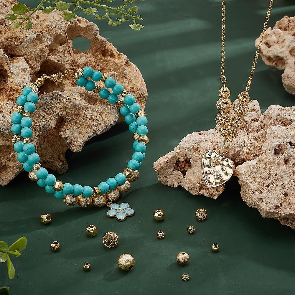 PH PandaHall 120pcs 18K Gold Plated Beads 12 Styles Metal Spacer Beads Round Spacer Beads Faceted Round Beads Hollow Round Spacer Beads for Jewelry Making Bracelet Necklace DIY Beading Craft, Small - Image 3