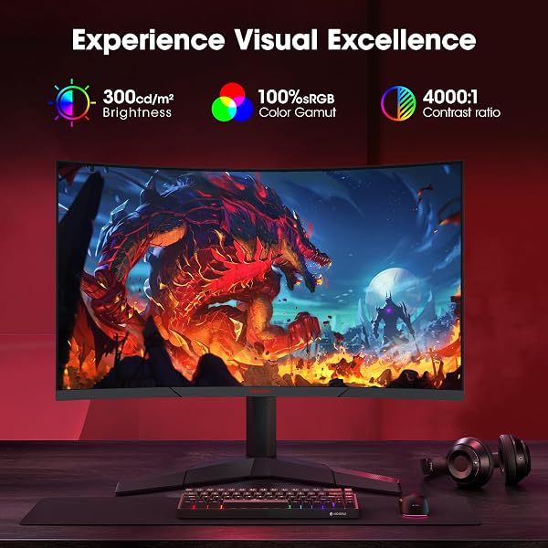KOORUI 27'' Ecran PC Gaming Incurvé 1500R, Moniteur PC Dalle VA, Résolution QHD (2560X1440), 180HZ,1MS, DCI-P3 85%, Lunette Ultra-Mince, Inclinaison réglable, Prend en Charge HDMI/DP - 5