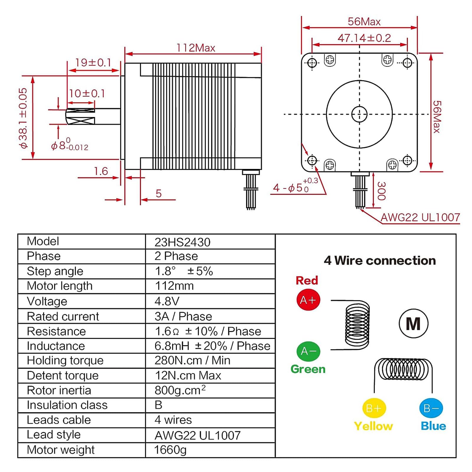RATTMMOTOR Nema 23HS2430 - Motore stepper Nema23, 2,8 Nm (425 oz.in) 3 A, 1,8 gradi, 4 fili, motore stepper a 2 fasi, 57 x 57 x 112 mm, per robot, stampanti 3D, fresa CNC (23HS2430)