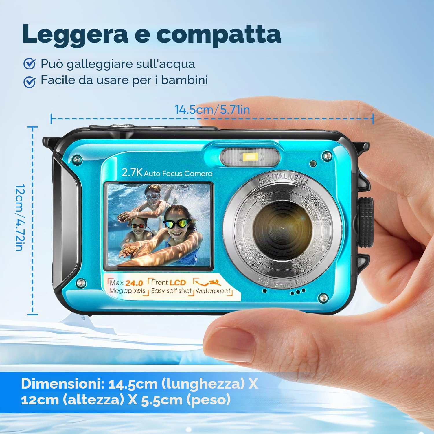 Fotocamera subacquea, Full HD 2.7K 24MP fotocamera digitale impermeabile, fotocamera compatta impermeabile 10FT, zoom digitale 16X, autofocus, fotocamera anti-shake per bambini, adolescenti