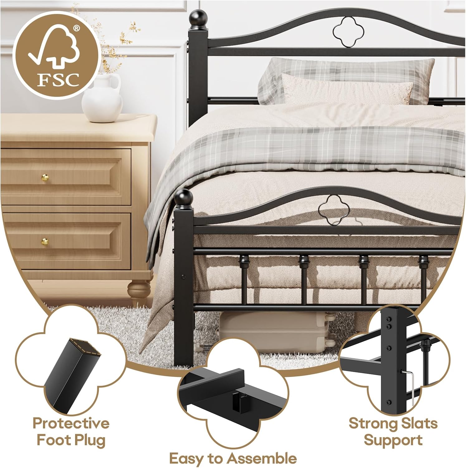 Twin Bed Frames with Vintage Headboard, 1500LBS Heavy Duty Twin Platform Bed Frame with Noise Free Design/12 Inch Under-Bed Storage Space/No Box Spring Needed/Tool-Free Assembly - Image 5