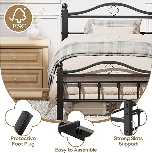 Miniatura 5 de Marco de Cama Tamaño Individual con Cabecera Vintage, Marco de Cama Plataforma Individual de Servicio Pesado de 1500 Libras con Diseño Libre de