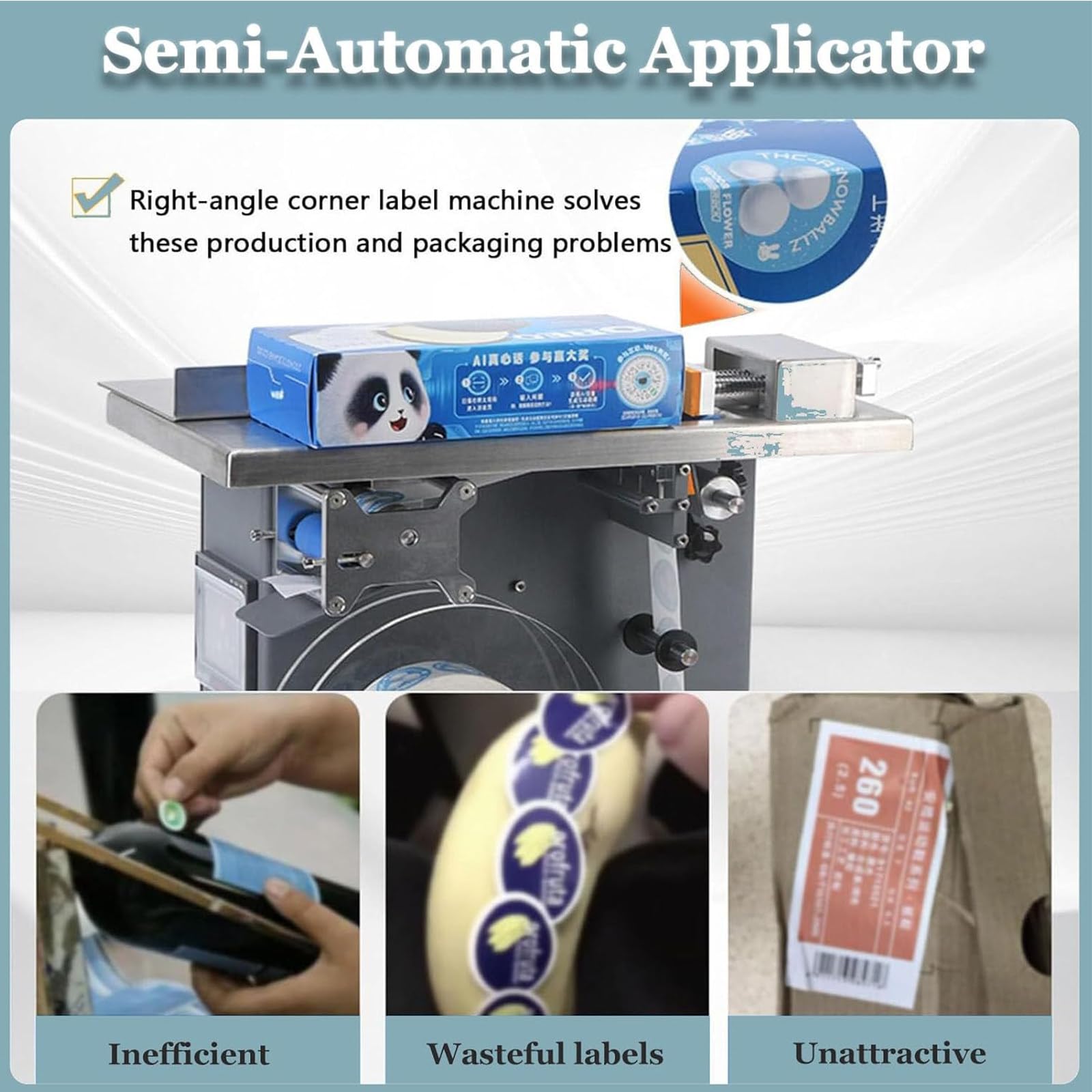 Applicatore di etichette semiautomatico ad angolo retto a 90°, etichettatrice per adesivi angolari ad alta precisione per imballaggi cosmetici, elettronici