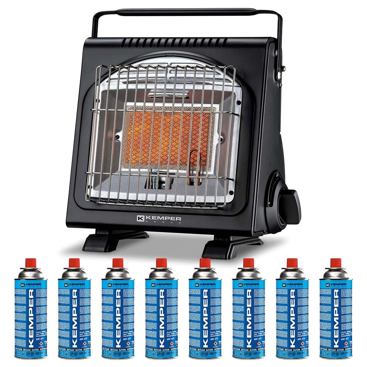 Kemper – Calefacción de gas portátil 1700 W Sistemas de seguridad integrados + 8 cartuchos de gas Butano Autonomía 2:30