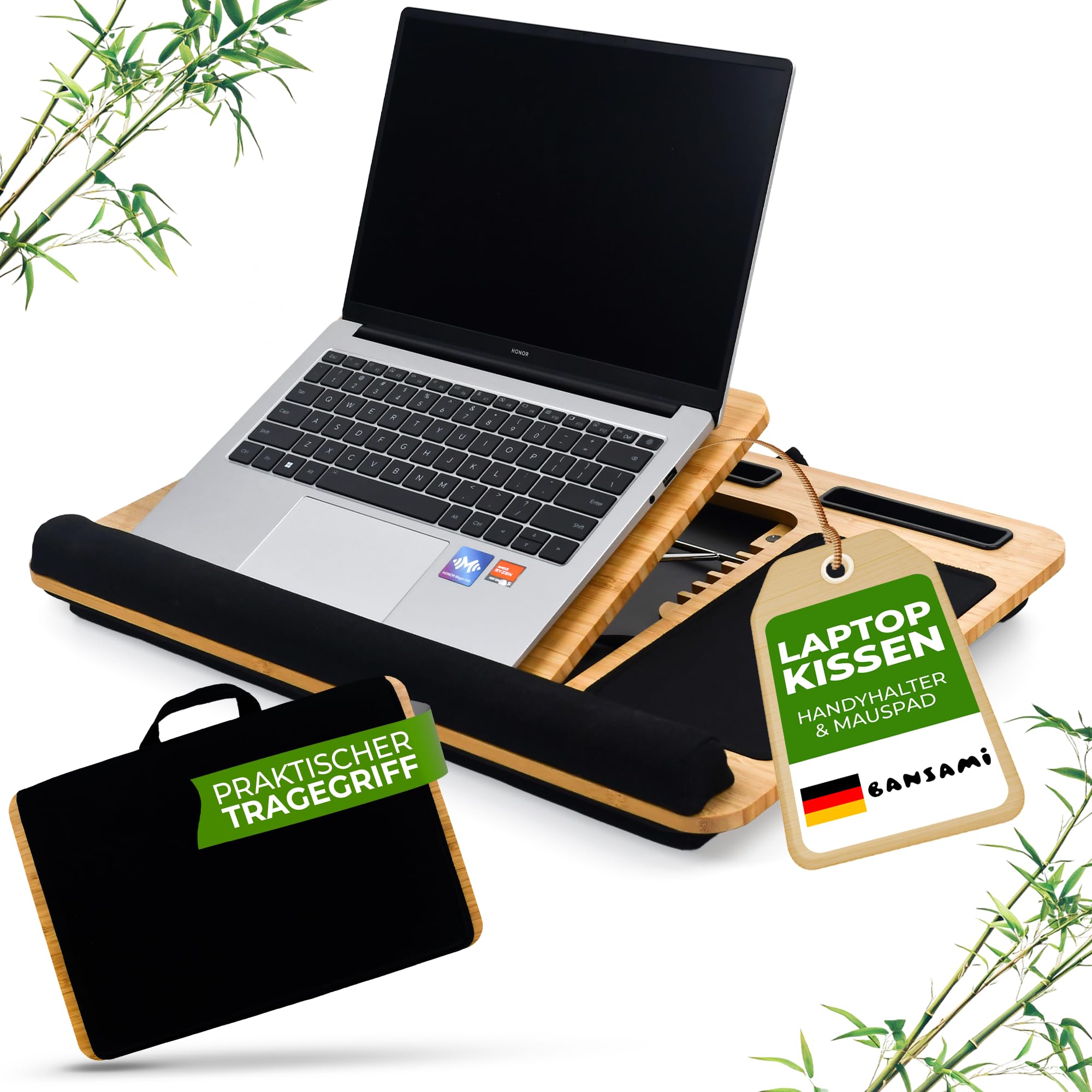 Knietablett Mit Kissen Aus Bambus, Verstellbare Laptop Unterlage Mit Handyhalter Und Mousepad, Laptop Unterlage Schoß Mit Handauflage, Lap Desk Laptopkissen Lapdesk Notebook