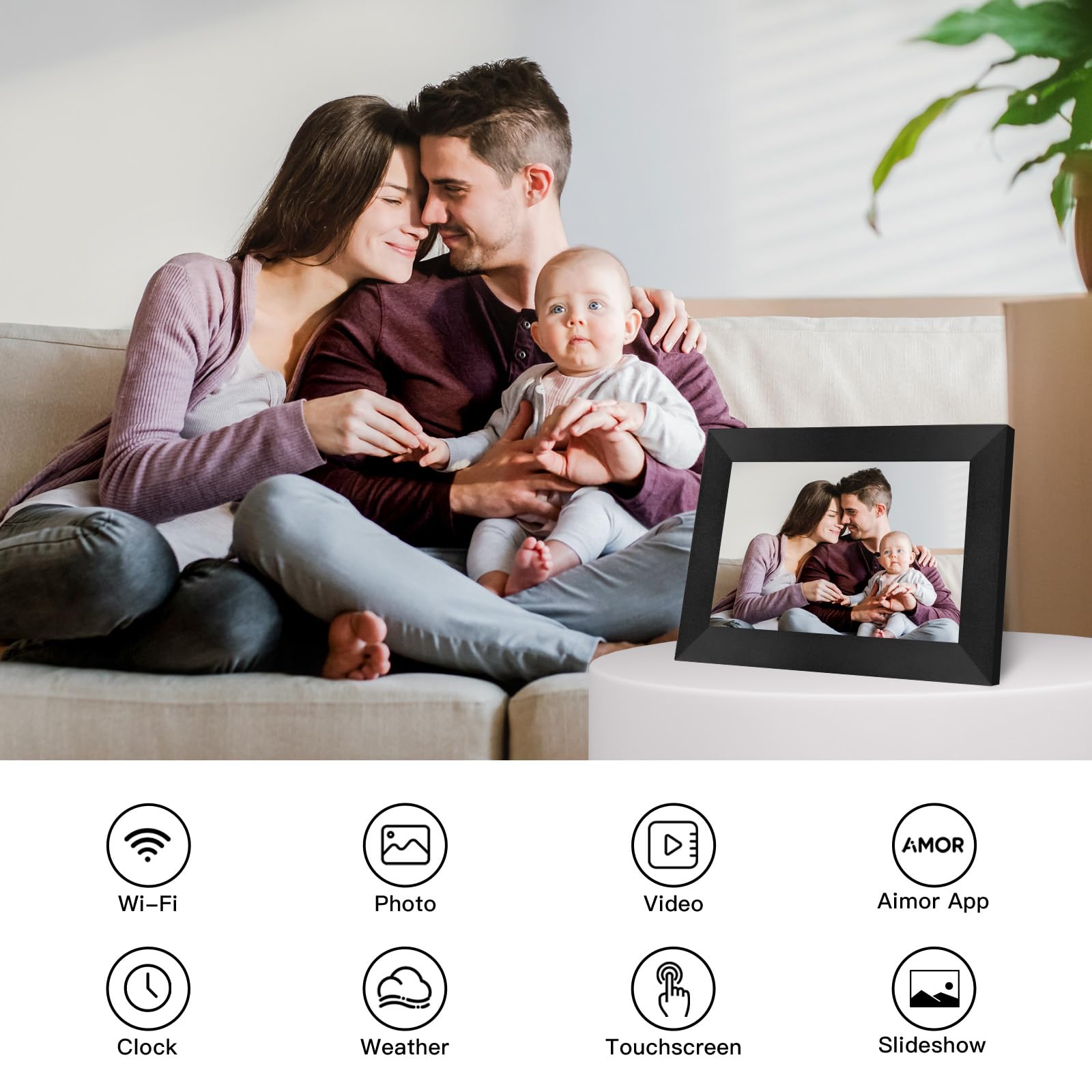 Marco de Fotos Digital 8,0 Pulgadas WiFi, Pantalla Táctil 1280x800 HD, 32GB de Almacenamiento, Rotación Automática, Configuración Remota vía App AiMOR – Idea de Regalo para Familiares o Seres Queridos