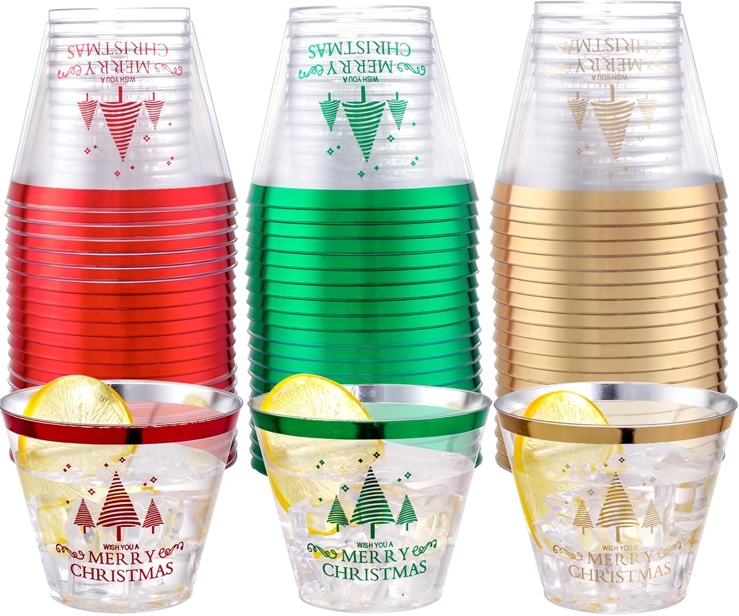 I00000 60PCS Merry Christmas Party Cups - Christmas Disposable Cups 9 Oz Clear Party Cups Wine Glasses Disposable Clear Plastic Cocktail Cups Tumblers Drinking Cups for Xmas Parties