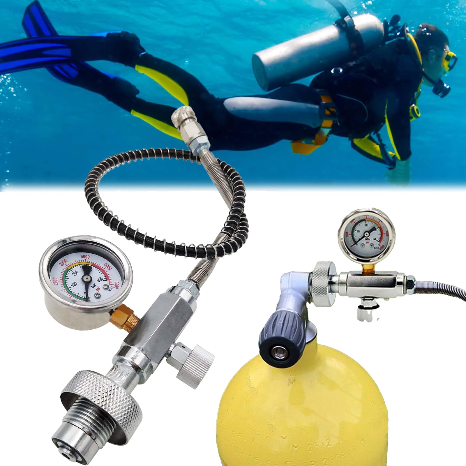 Adattatore per Bombola da Immersione, Connettore Gonfiabile con Frusta da 50 Cm per Immersione Attacco DIN 400 Bar per Ricarica Aria Pcp