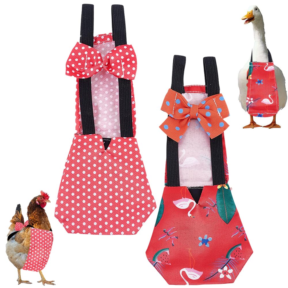 CREATCABIN 2Pcs 2 Styles Duck Diapers for Pet Ducks Chicken Diapers Adjustable Reusable Washable Waterproof Red Bowknot Polka Dot Polyester Duckling Nappy for Real Hens Indoor Chick Roosters Poultry