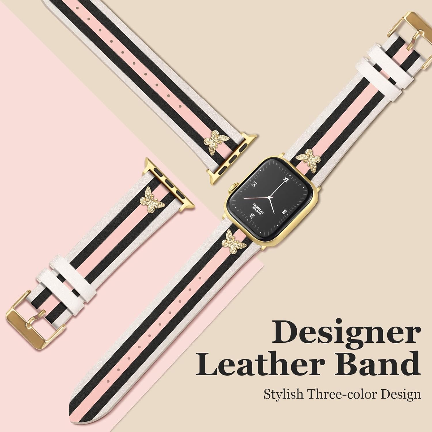 Designer Leather Bands with Charms Compatible with Apple Watch 38mm 40mm 41mm 42mm(S11/10) 44mm 45mm 46mm 49mm Women Men Strap for iWatch Series 11/10/9/8/7/6/5/4/3/2/1 SE 1/2/3 Ultra 1/2/3 - Image 3