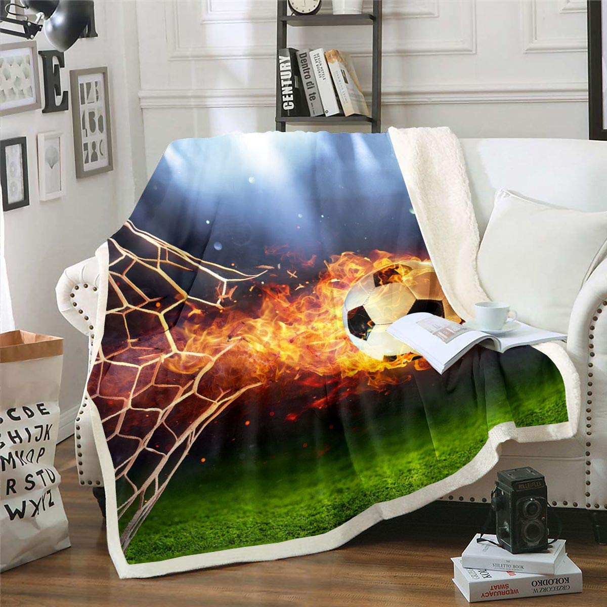 Coperta in pile con motivo "Sherpa", sportivo, ideale calcio, motivo: pallone da calcio, in 3D, motivo: calcio americano, calda e sfocata, 221 x 238 cm