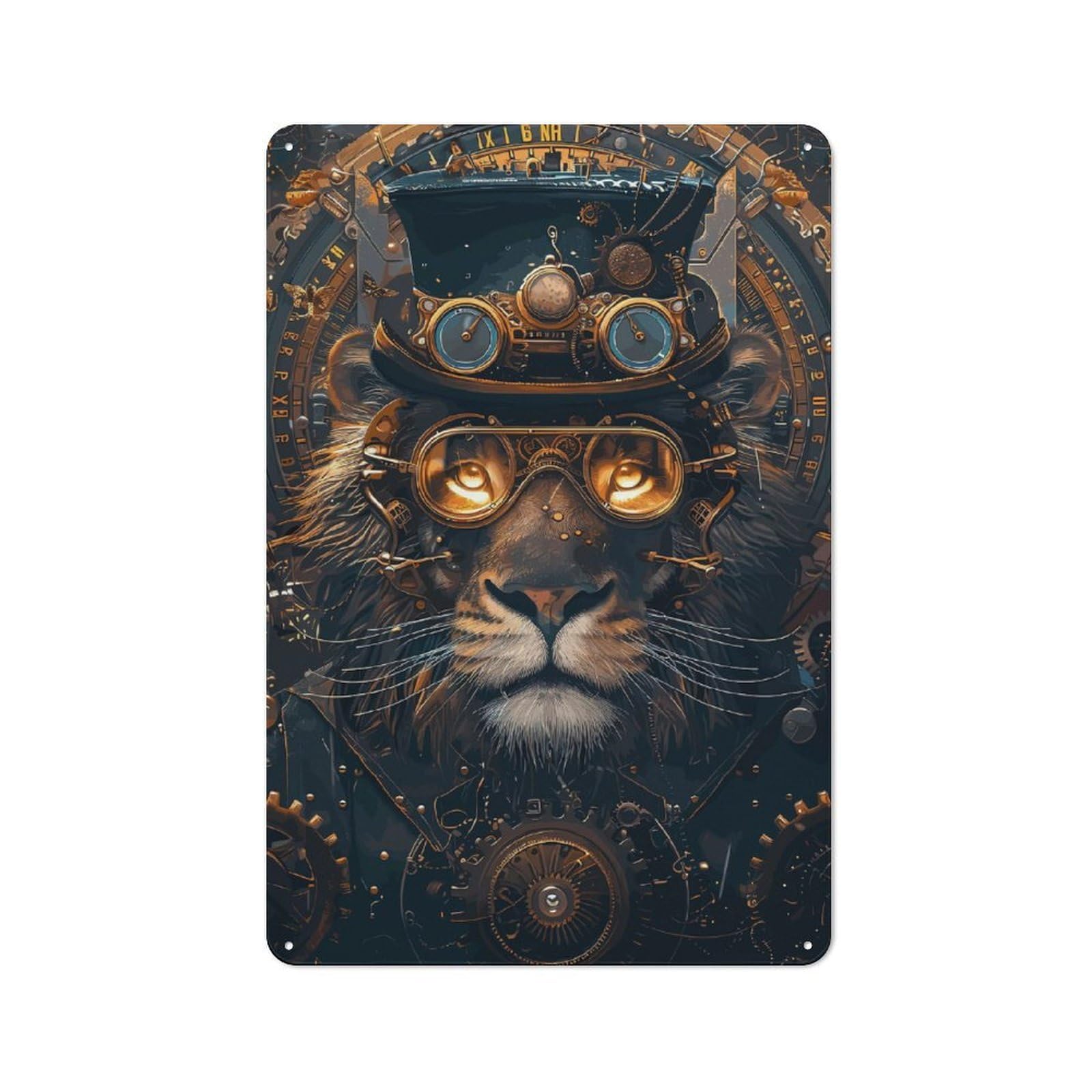 Junmoney Steampunk Animal Lion Vintage Tin Sign 30X20cm With For Kitchen Or Home Bar, For Retro Home Interiors, For Cafés, Pubs And Restaurants