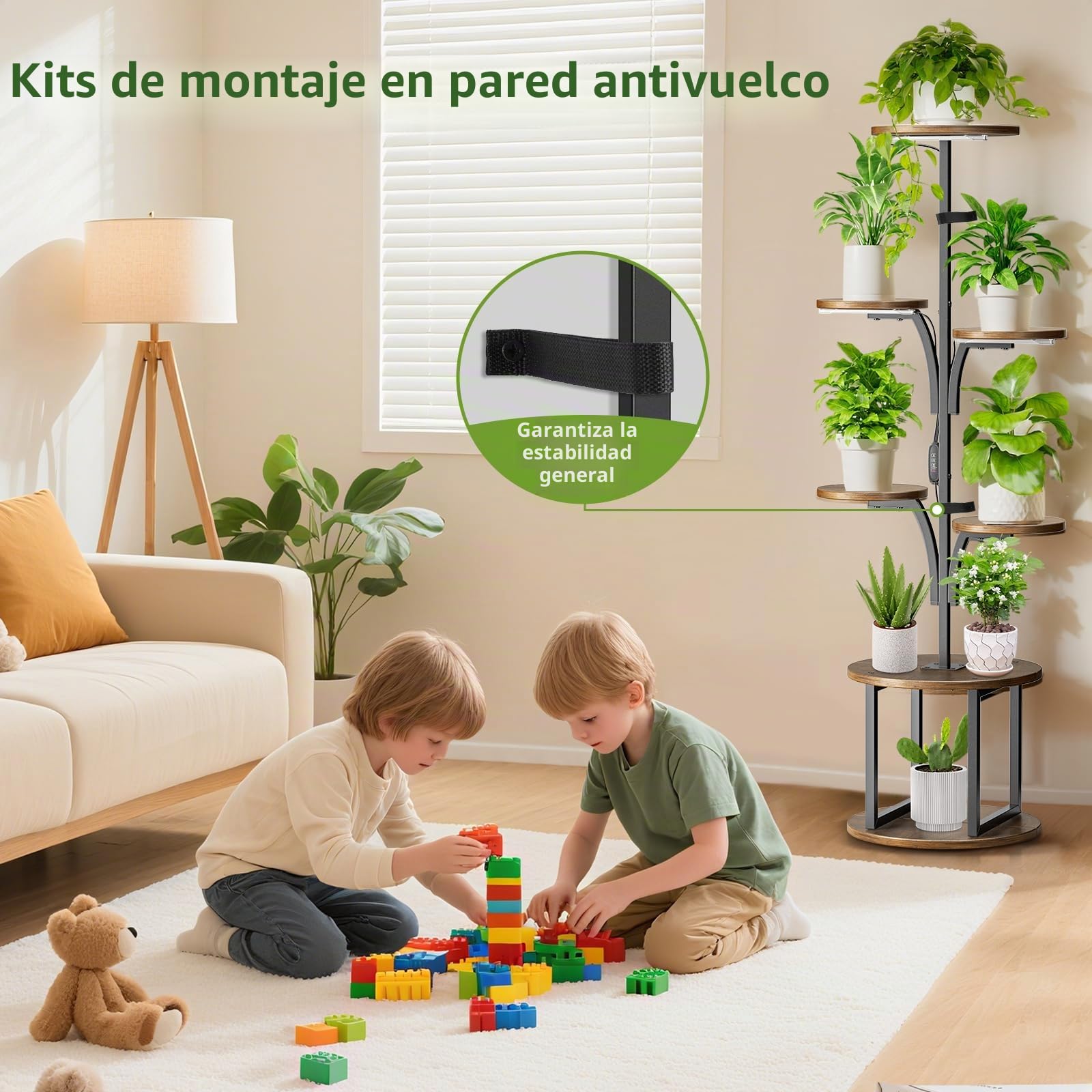 Estantería para Plantas con Luz de Crecimiento, Soporte para Plantas Interior 7 Niveles Diseño de Árbol, Estantería Plantas de Metal y Madera con Temporizador 3/9/12h y Brillo Ajustable