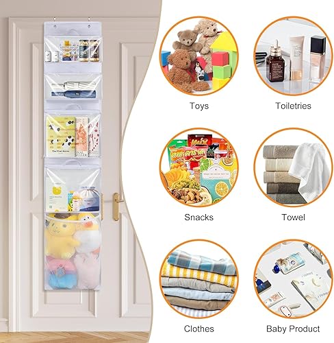 Miniatura 8 de Almacenamiento de juguetes colgantes sobre la puerta, idea de organizador de animales de peluche con 4 bolsas extraíbles, soporte de armario