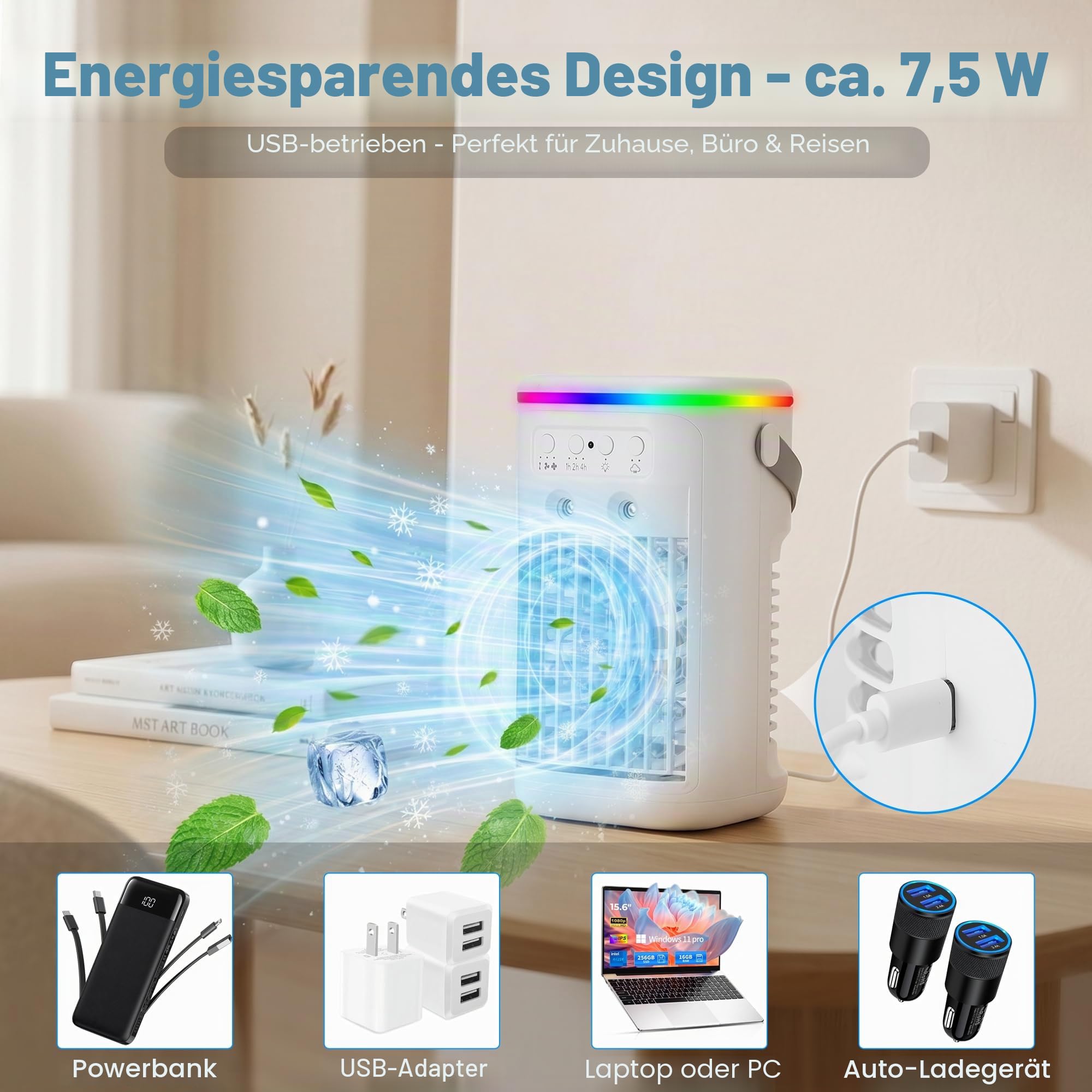 Mini Klimaanlag, 4 in 1 Mobile Klimaanlage ohne Abluftschlauch, Luftkühler mit Wasserkühlung, 3 Geschwindigkeiten & 2 Nebelmodi, Leiser USB Luftkühler mit 7 Farben LED für Zimmer Büro Schlafzimmer
