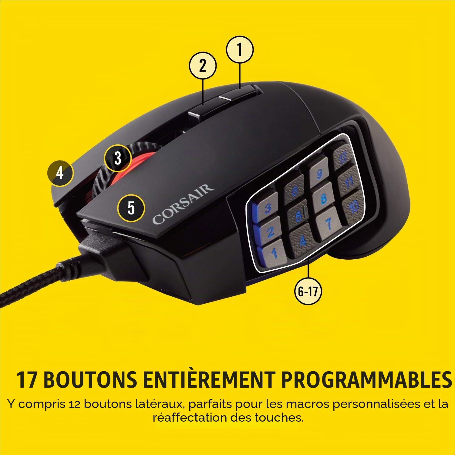 Corsair Scimitar PRO souris USB Optique 16000 DPI Droitier - Souris (Droitier, Optique, USB, 16000 DPI, Noir)
