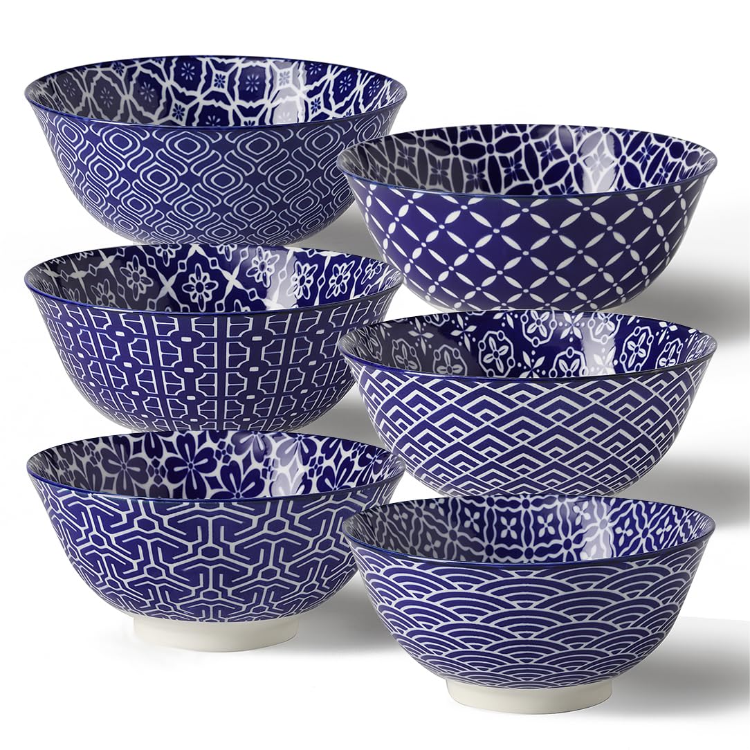 Metahom Cereal Bowls Set of 6, Ceramic Soup Bowls, 23 Oz, Blue and White