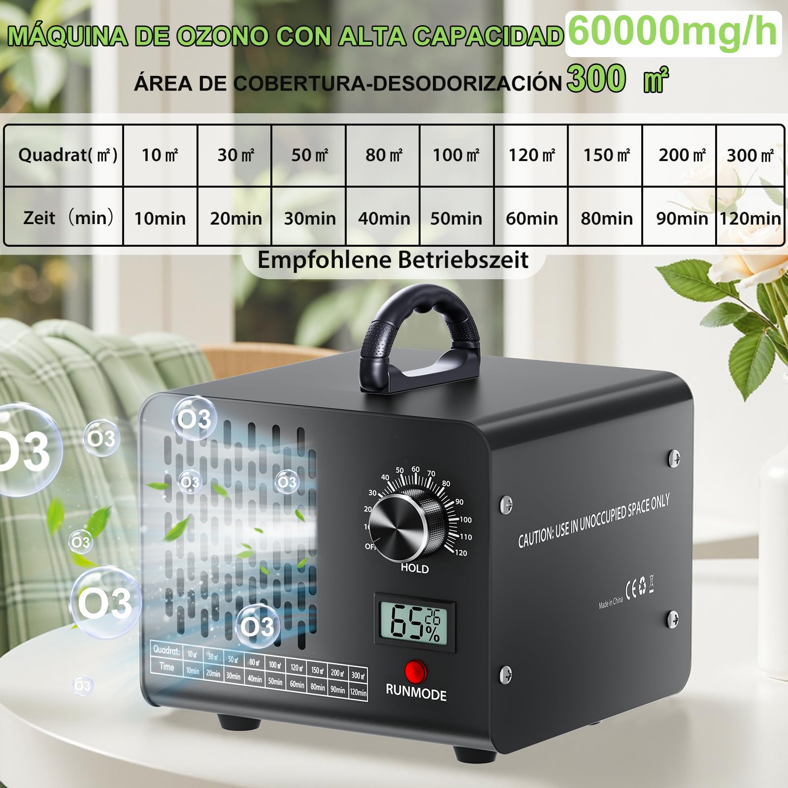 Generatore di ozono Professionale 60000 mg/h, dispositivo di ozono con indicatore di temperatura e umidità, purificatore d'aria con timer da 120 minuti,300 ㎡, per Casa Ambienti, Auto, Uffici, Hotel